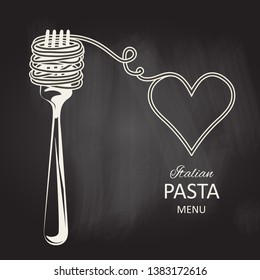 Vector swirls of cooked spaghetti, pasta at fork. Spaghetti heart shape. Hand drawn set. Vector illustration in vintage style. Menu or signboard template for restaurant.
