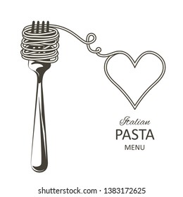 Vectores se mueven de espaguetis cocidos, pasta en el tenedor. Forma cardíaca espagueti. Conjunto dibujado a mano. Ilustración vectorial en estilo vintage. Plantilla de menú o cartón para el restaurante.