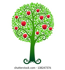 Vector swirly green apple tree covered with lush leaves and ripe red apples.