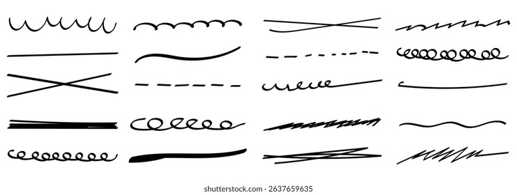Vector swish swoosh squiggle lines set. Line pen brush marker stroke underline vector set. Hand drawn doodle sketch pen brush stroke scribble underline. 