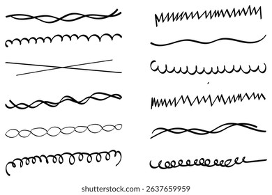 Vector swish swoosh squiggle lines set. Line pen brush marker stroke underline vector set. Hand drawn doodle sketch pen brush stroke scribble underline. 