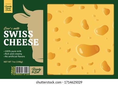 Vector swiss cheese packaging design template. Realistic swiss cheese texture