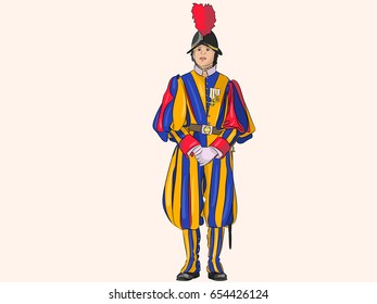 Vector.  Swiss guardsman in a ceremonial multicolored uniform guarding the Vatican.