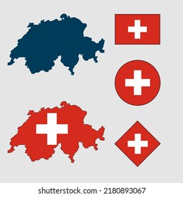 Vector Of Switzerland Country Outline Silhouette With Flag Set Isolated On White Background. Collection Of Swiss Flag Icons With Square, Circle, Rectangle And Map Shapes.