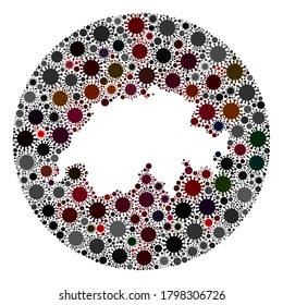 Vector Switzerland map collage of coronavirus. Infection attacks the quarantine territory from outside. Hole round Switzerland map collage created with infection parts.