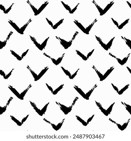 Vector swoosh pattern. Seamless black and white brush stroke background. Abstract birds print with distress texture. Painted ornament for kids. Childish design