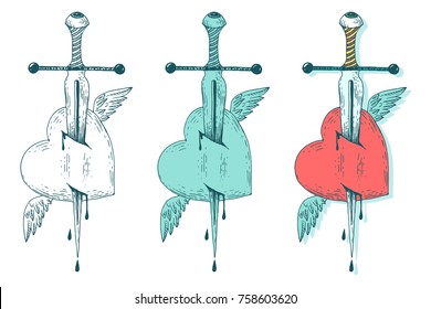 Vector sword and heart. Vintage style hand drawn illustration set