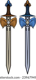 Vector sword illustration with ornament and wings