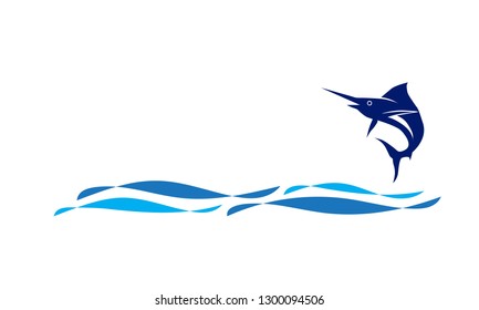 Vector of swordfish jump logo with wave in the ocean template