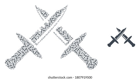 El collage de espadas vectoras se realiza a partir de elementos de espadas recursivas dispersas. Collage recursivo de espadas.