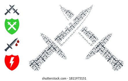 El mosaico de espadas vectoriales se hace con pictogramas recursivos repetidos. Mosaico recursivo para espadas. Hay otros iconos presentes en este vector.