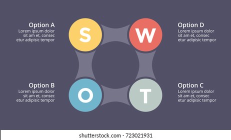 Vector SWOT analysis square metaball infographic, cycle diagram, graph, presentation chart. Business concept with 4 options, parts, steps, processes. 16x9 dark slide template.