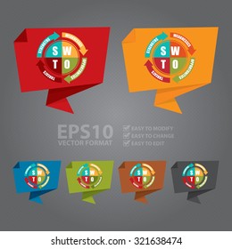 Vector : SWOT Arrow Paper Origami Speech Bubble or Speech Balloon Infographics Sticker, Label, Sign or Icon