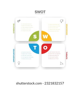 Plantilla de esquema de diagrama de vectores SWOT (fortalezas, debilidades, oportunidades, amenazas) hecha de cuatro bloques cuadrados blancos con letras grandes. Plantilla de infografía mínima de swot. 