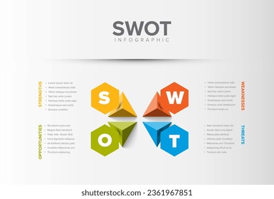 Vector SWOT (strengths, weaknesses, opportunities, threats) diagram schema template made from four colorful hexagon pointers with big letters. Swot minimalistic infograph template. 