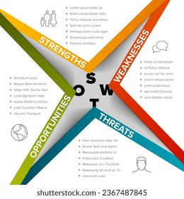 Plantilla de esquema de diagrama de vectores SWOT (puntos fuertes, puntos débiles, oportunidades, amenazas), hecha de cuatro bloques de esquina de papel blanco con letras grandes. Plantilla de infografía mínima de swot. 