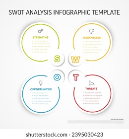 Plantilla de esquema de diagrama de viralización (fortalezas, debilidades, oportunidades, amenazas) hecha de cuatro círculos. Plantilla de infografía mínima de swot. Diseño de diagrama de bits.