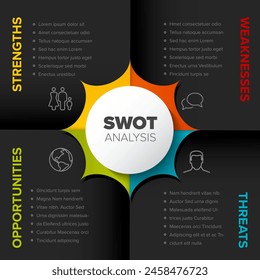 Vector SWOT (fortalezas, debilidades, oportunidades, amenazas) Plantilla de esquema de diagrama hecho de papel gris oscuro plegado y cuatro iconos coloridos. Plantilla de infografía minimalista Swot. 