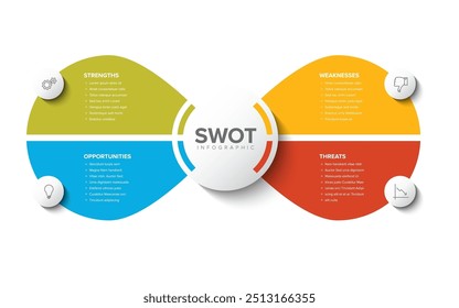 Vector SWOT (fortalezas, debilidades, oportunidades, amenazas) diagrama de Plantilla de esquema hecho de cuatro círculos. Plantilla de infografía minimalista Swot. Diseño de diseño de infografía de Swot.