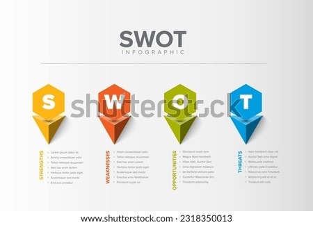 Vector SWOT (strengths, weaknesses, opportunities, threats) diagram schema template made from four colorful hexagon pointers with big letters. Swot minimalistic infograph template. 