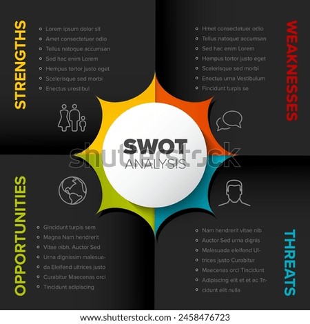 Vector SWOT (strengths, weaknesses, opportunities, threats) diagram schema template made from folded dark gray paper and four colorful icons. Swot minimalistic infograph template. 