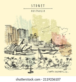 Vector Sydney, New South Wales, Australia touristic postcard. Sydney harbor  ships, boats, palm trees. Australian travel sketch drawing. Vintage travel hand drawn poster background. Art illustration