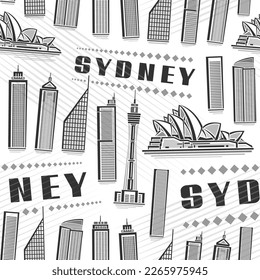 Vector Sydney Seamless Pattern, square repeat background with illustration of famous sydney city scape on white background for wrapping paper, monochrome line art urban poster with black text sydney
