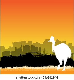 Vector Sydney skyline illustration with silhouette of cassowary