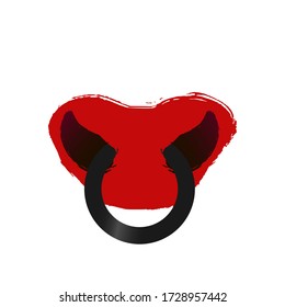 Vector Symbol of 2021 Chinese New Year of the Ox, Bull. Calendar poster red ink brush drawn snout. Hand written ox nose with ring on white background. Happy New Year card or banner design element. 