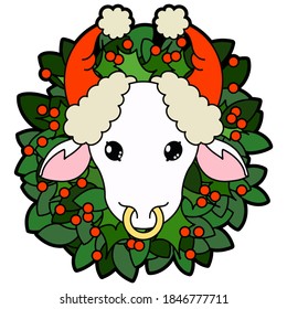 Vector symbol of 2021 new year white bull, head of a white calf with a cap of Santa Claus on the horns, against the background of a Christmas wreath on the neck, with a black wide outline.