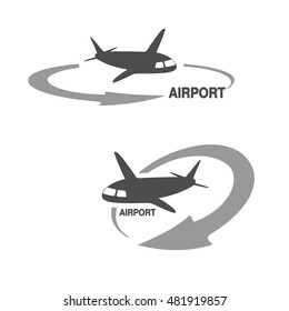 Vector symbol of arrow with flying airplane - icon, symbol of airport