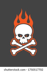 Vector symbol burning skull with crossbones for motorbike gang. Isolated on the dark background.