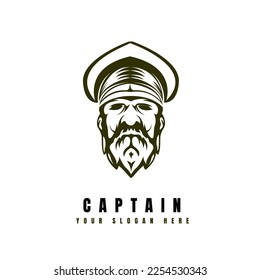 vector symbol of captain face silhouette with beard. icon or logo of pirate captain head illustration