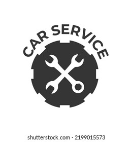 Vector symbol car service. Wheel and Wrench with text. retro Isolated on white background. Wrench Fist Mechanic Logo.