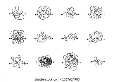 Vector symbol of complicated way with scribbled round element, chaos sign, pass the way linear arrow with clew or tangle ball in center