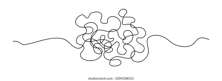 Vector symbol of complicated way with scribbled round element, chaos sign, pass the way linear arrow with clew or tangle ball in center. Vector 10 eps.