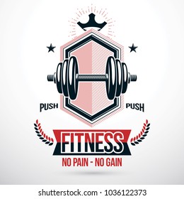Vector symbol composed with dumbbell and royal crown, bodybuilding championship symbol