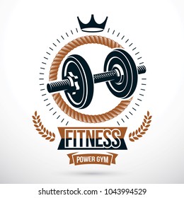 Vector symbol composed with dumbbell and royal crown, bodybuilding championship symbol