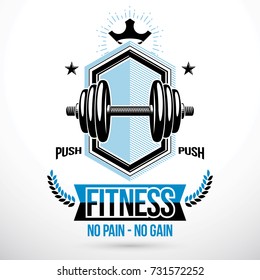 Vector symbol composed with dumbbell and royal crown, strong man championship emblem