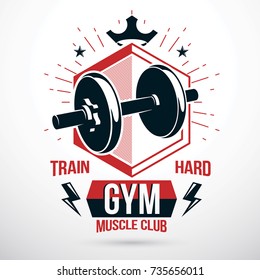 Vector symbol composed with dumbbell and royal crown, heavy load power lifting championship emblem