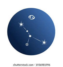 Vector symbol of the constellations of the starry sky. Isolated astronomical illustration in a circle. Flat zodiac sign on dark trendy gradient background. Space poster. Hand drawn set. Cancer