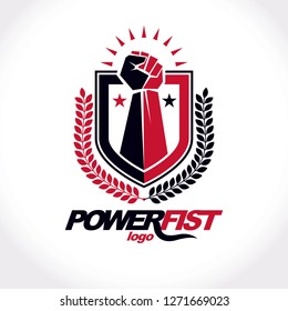 Vector symbol created using clenched fist of athletic strong man, protection shield, bird wings and different graphic elements. Fighter club conceptual logo.