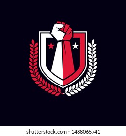 Vector symbol created using clenched fist of athletic strong man, protection shield, bird wings and different graphic elements. Fighter club conceptual logo.