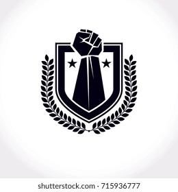 Vector symbol created using clenched fist of athletic strong man, protection shield, bird wings and different graphic elements. Fighter club conceptual logo.