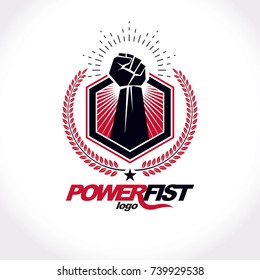 Vector symbol created using clenched fist of athletic strong man, protection shield, bird wings and different graphic elements. Fighter club conceptual logo.