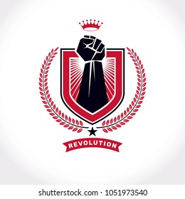 Vector symbol created using raised fist of a muscular man, laurel wreath and royal crown.  Fighter club conceptual logo.