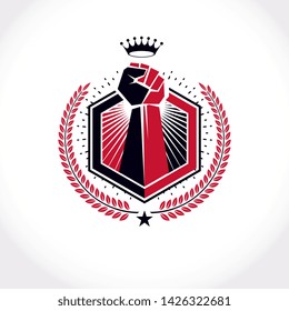 Vector symbol created using raised fist of a muscular man, laurel wreath and royal crown.  Fighter club conceptual logo.
