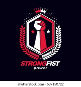 Vector symbol created using raised fist of a muscular man, laurel wreath and royal crown.  Fighter club conceptual logo.