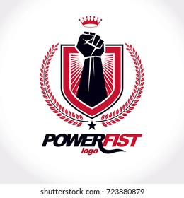 Vector symbol created using raised fist of a muscular man, laurel wreath and royal crown.  Fighter club conceptual logo.