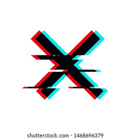 Vector symbol of cross in glitch style. Geometric glitched Icon isolated on white background. Modern digital pixel distorted design. Television video error shape. Creative template mark
